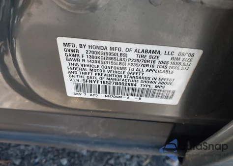 2007 Honda Pilot Ex-L z USA, uszkodzony, nr VIN 5FNYF18527B002884